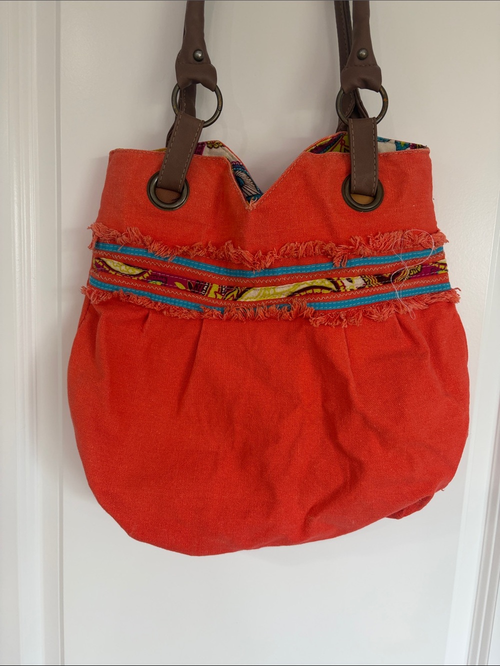 Boho Orange Canvas Shoulder Bag with Decorative Trim. B-4